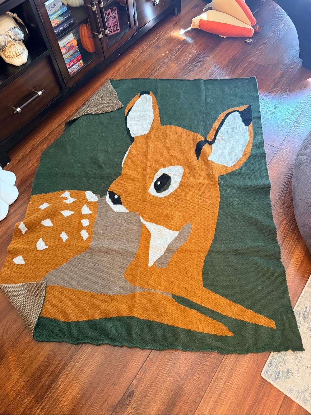Anthropologie Green and Orange Deer Knit Throw